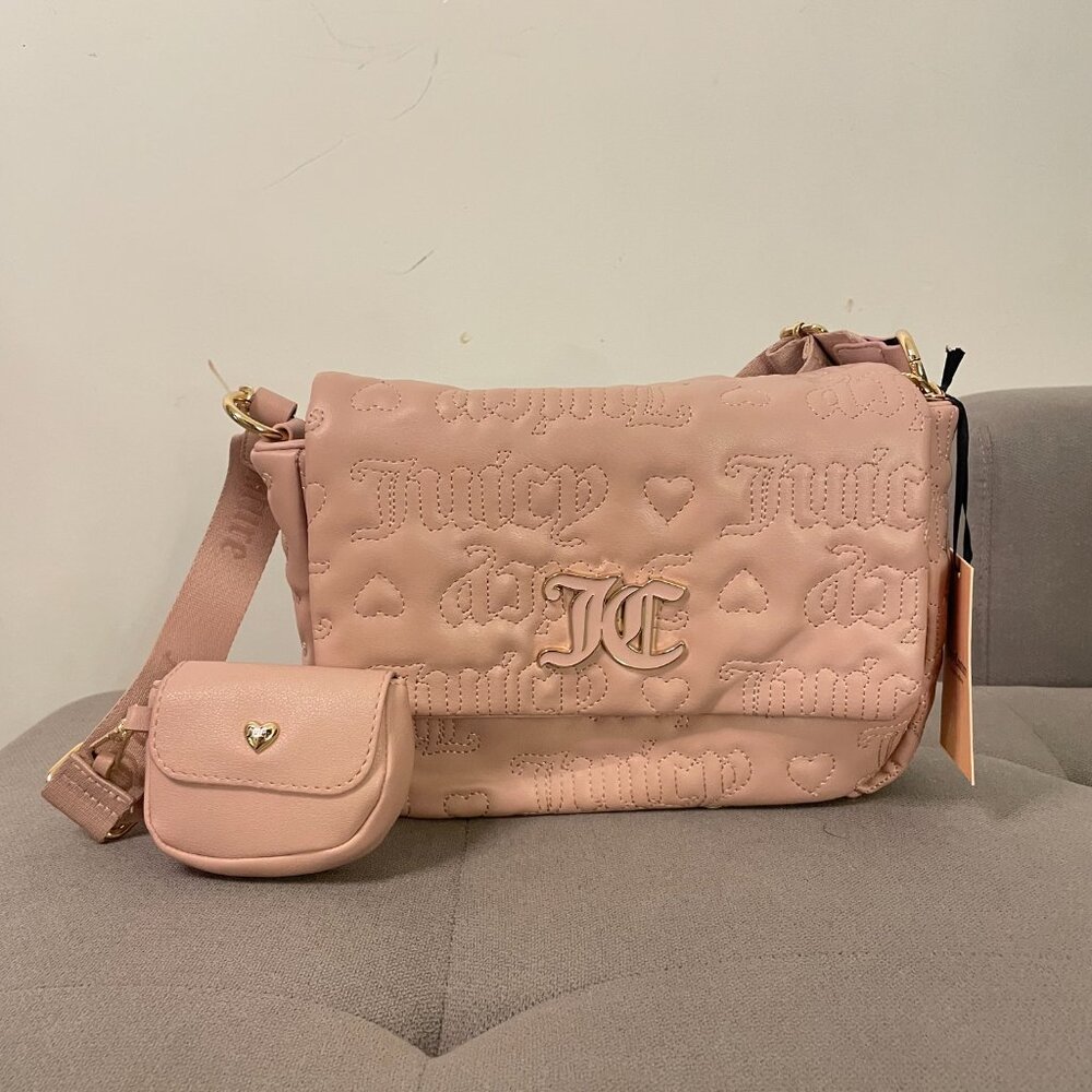 Juicy Couture Pink League Large Flap Crossbody Shoulder Purse w/ Removable Pouch